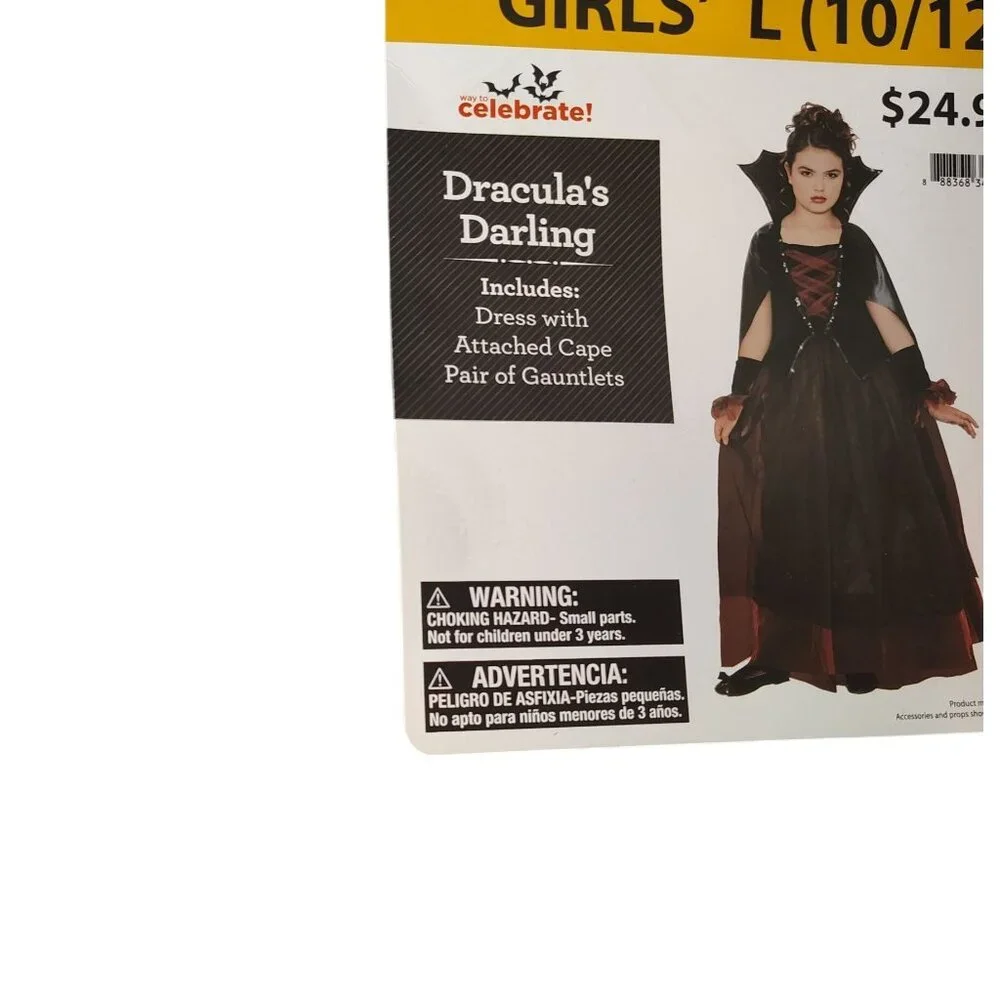 Girls L (10/12) Draculas Darling Dress With Cape Vampire Halloween Costume